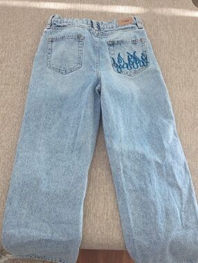 RSQ Light Blue Wide-Leg Jeans with Blue Flame Pocket Embroidery